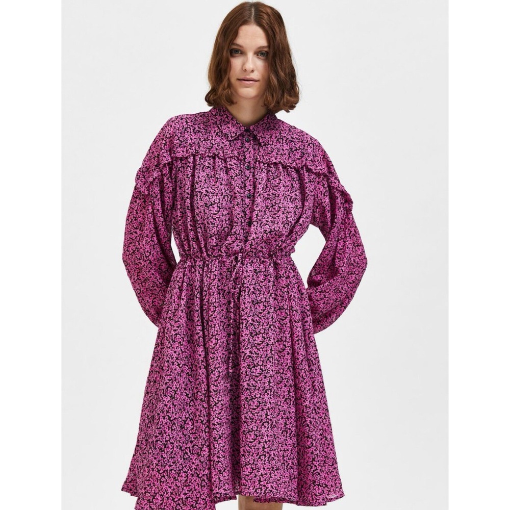 Selected Femme Pink Floral Oversize Midi Dress Size 34 Ruffle Dress
